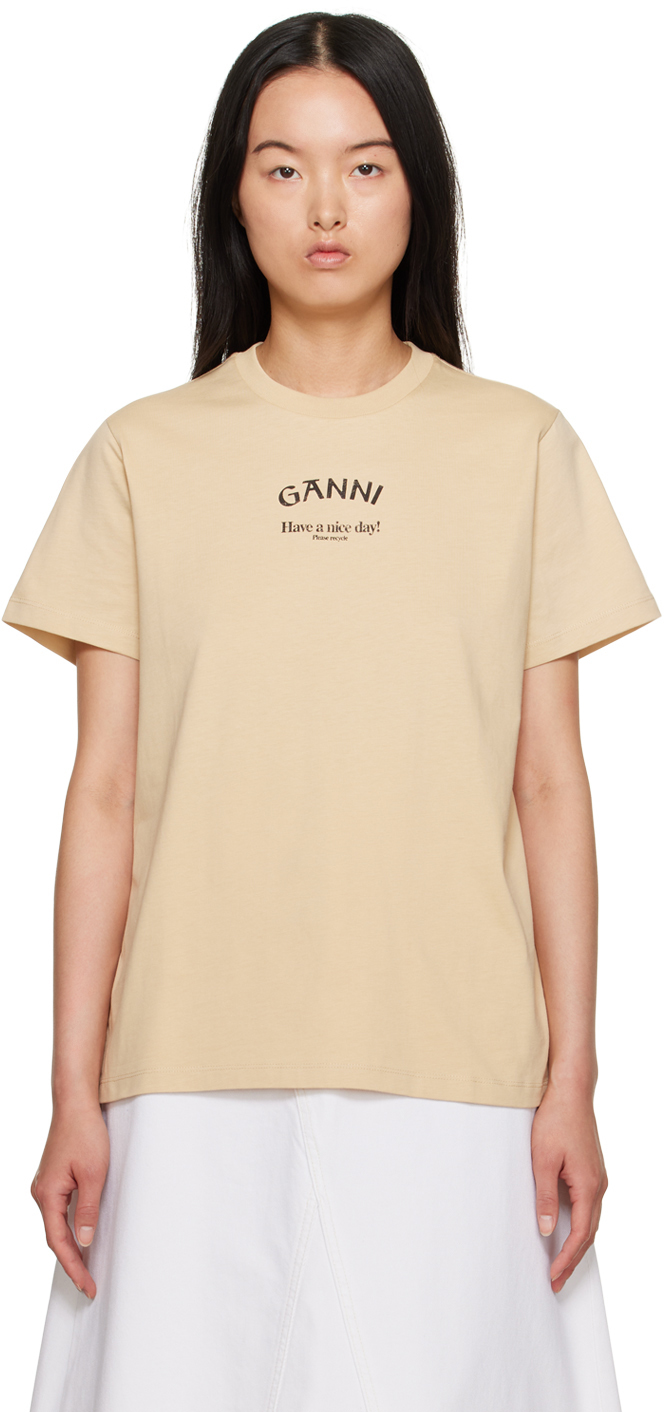 Ganni Beige Printed T-shirt In 531 Pale Khaki