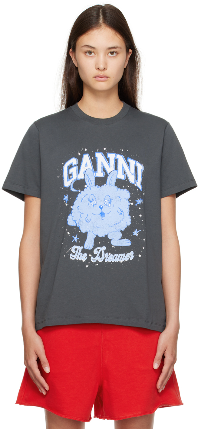 Shop Ganni Gray Dream Bunny T-shirt In 490 Volcanic Ash
