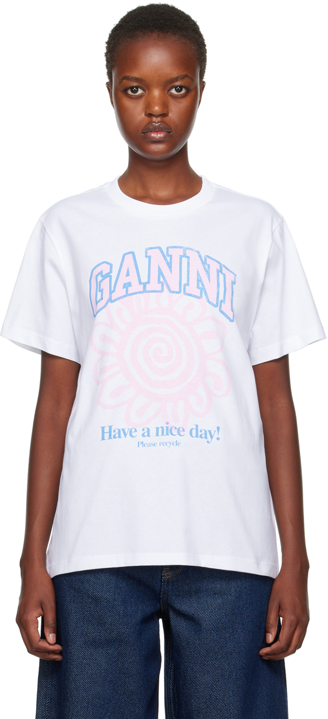 Ganni Basic Flower Print Cotton T-shirt In White