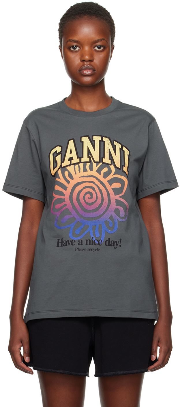 Shop Ganni Gray Flower T-shirt In 490 Volcanic Ash