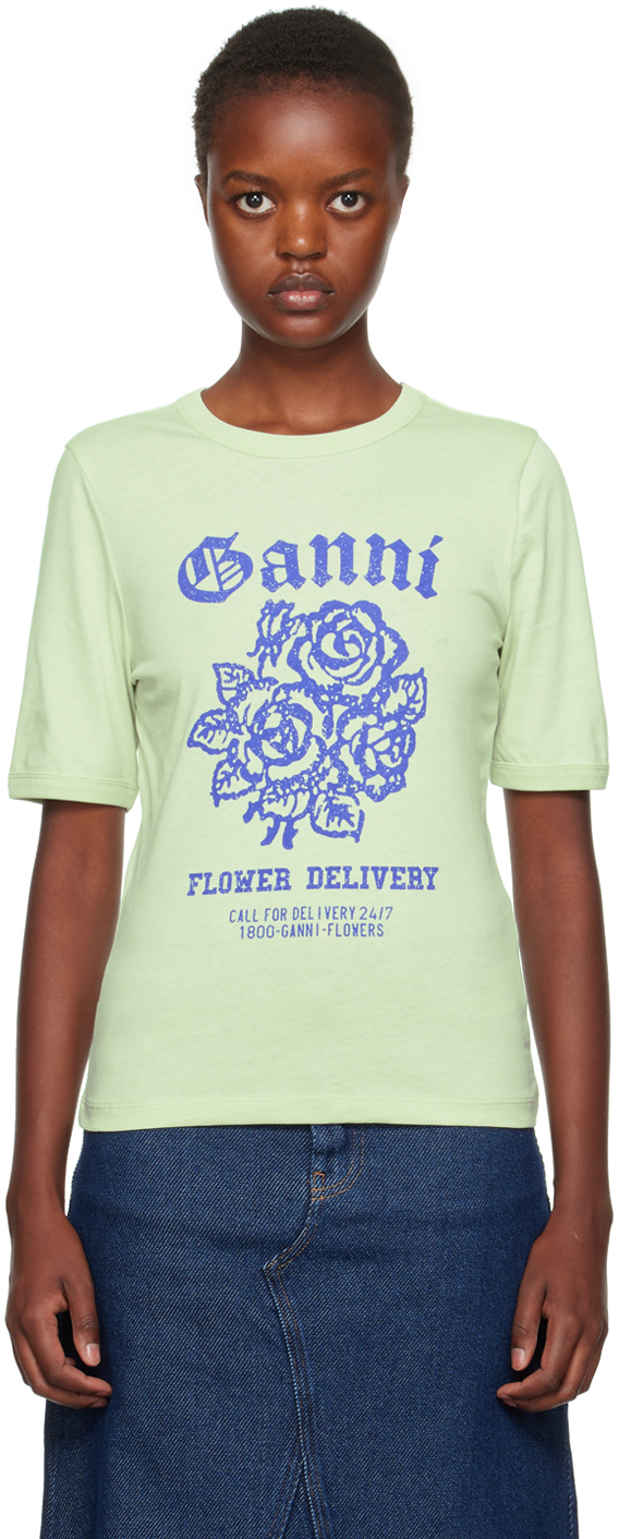 Shop Ganni Green Printed T-shirt In 822 Sea Foam