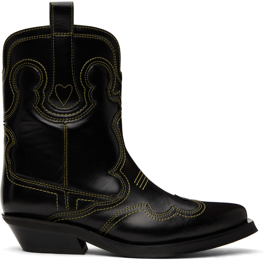 Ganni Black Embroidered Western Boots In 864 Black/yellow