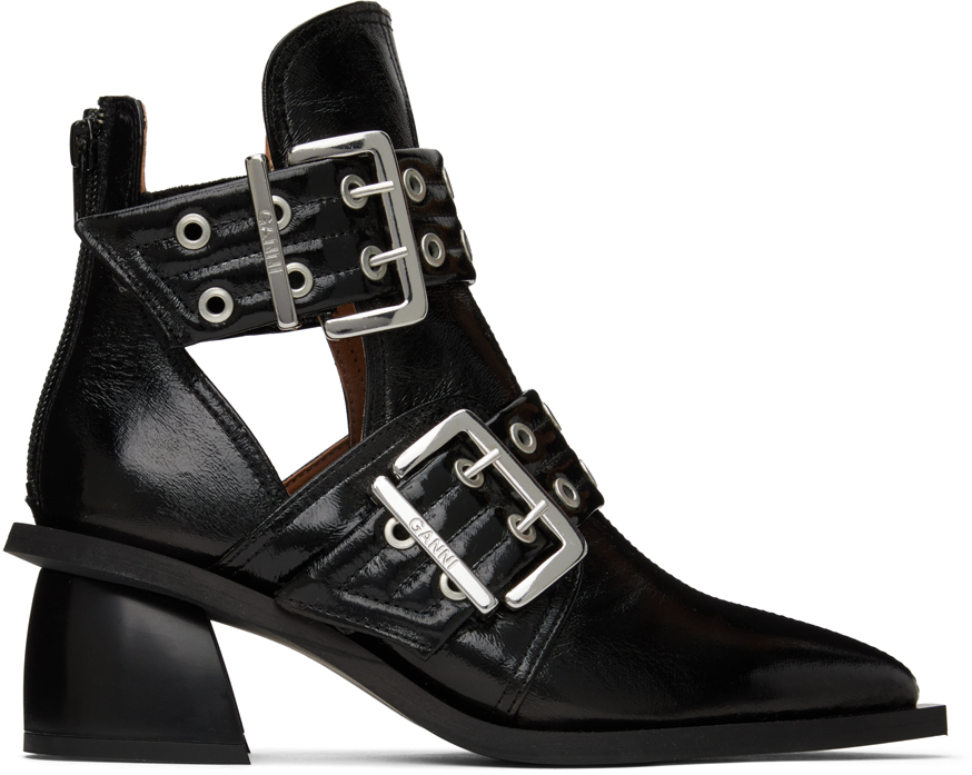 Black Chunky Buckle Open Cut Boots