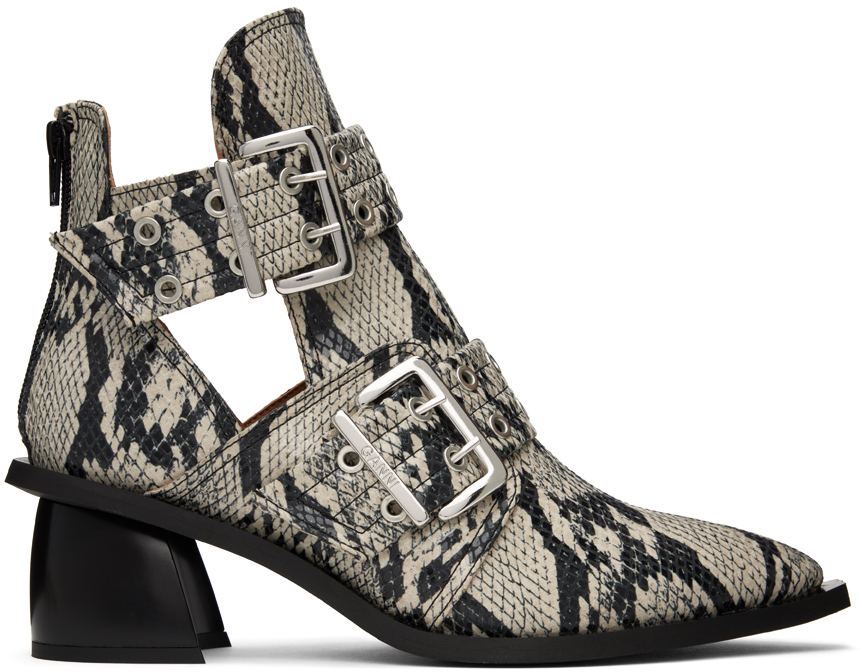 Shop Ganni Beige Snake Chunky Buckle Boots In 934 Sand