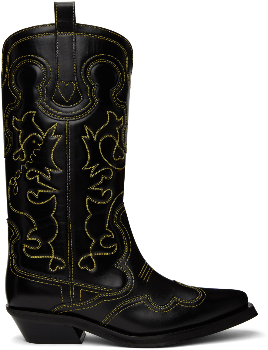 Ganni Black & Yellow Mid Shaft Embroidered Western Boots In 099 Black
