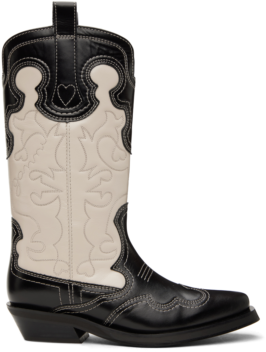 Ganni Black & Off-white Embroidered Western Boots In 087 Black/egret