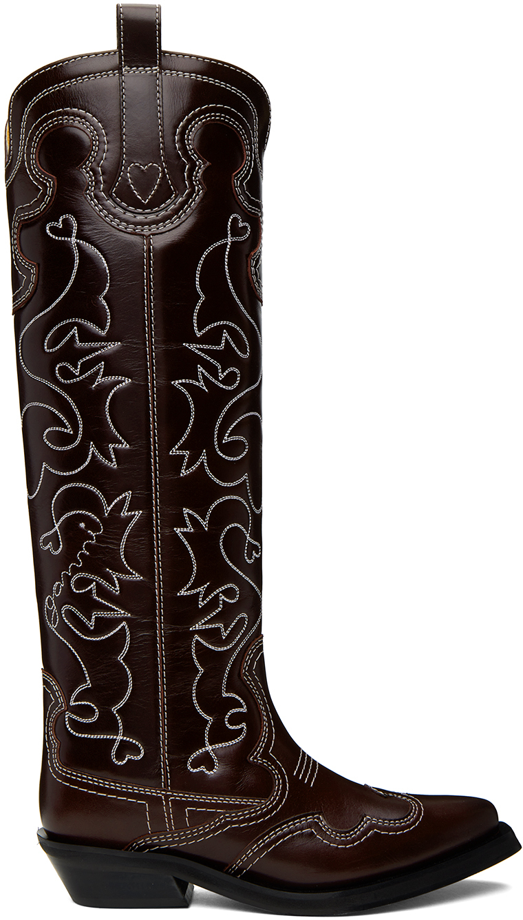 GANNI Burgundy Embroidered Western Boots