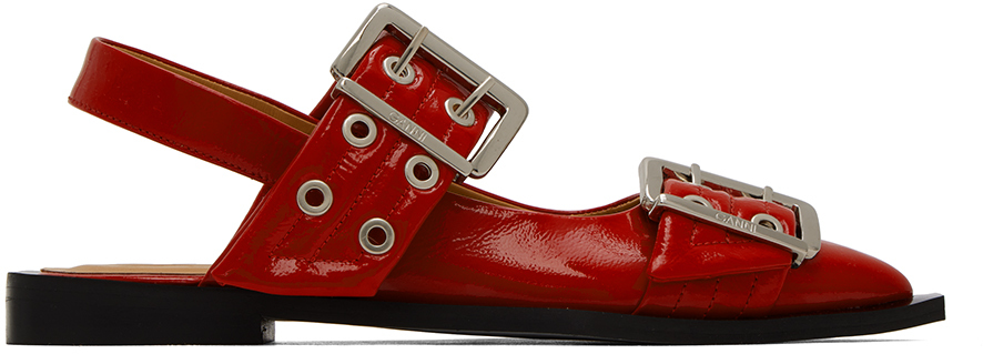 GANNI RED WIDE WELT BUCKLE LOAFERS