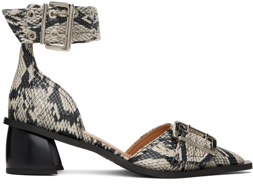 Ganni 65mm Snakeskin-print Buckle Pumps In 934 Sand