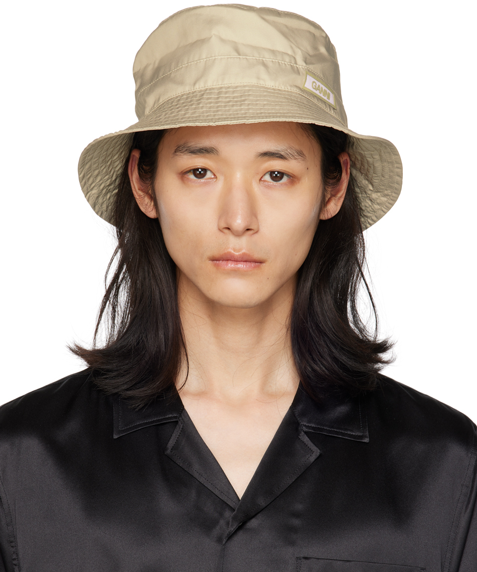 Shop Ganni Beige Logo Patch Bucket Hat In Pale Khaki 531