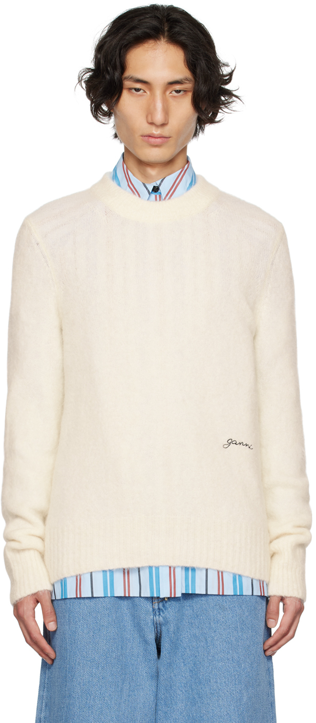 Ganni Off-white Embroidered Sweater In Egret 135