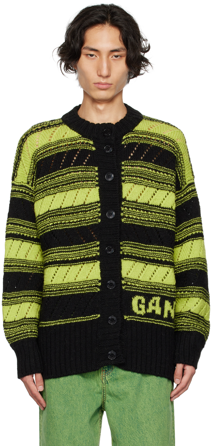 Ganni Black & Green Striped Cardigan In Black 99