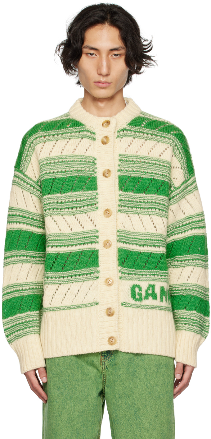 Ganni Off-white Striped Cardigan In Egret 135
