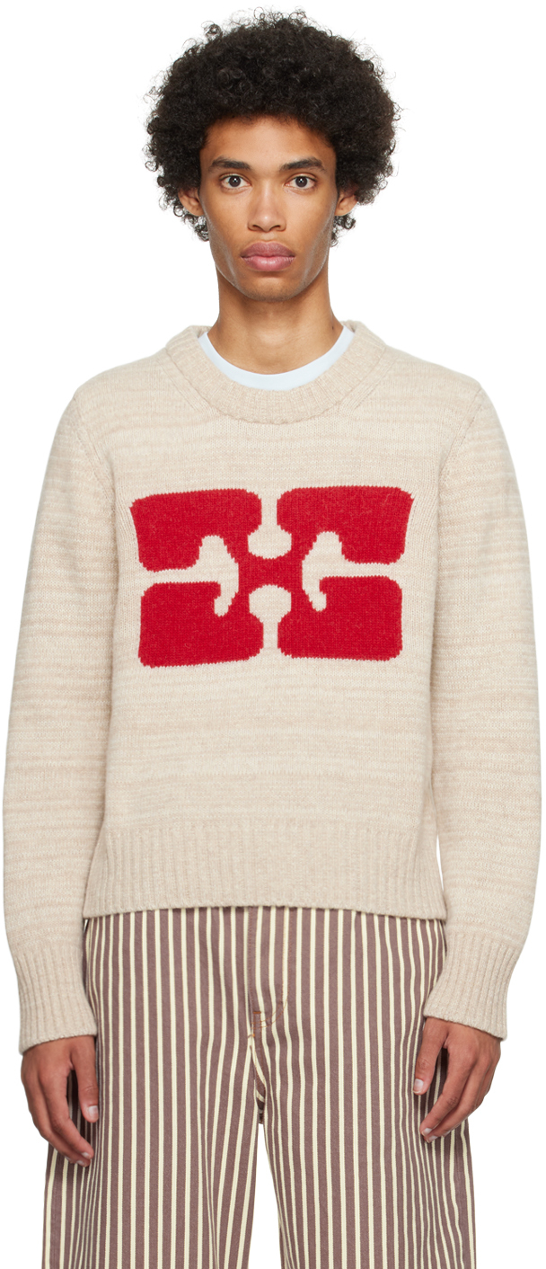 Ganni Beige Intarsia Sweater In Pale Khaki 531