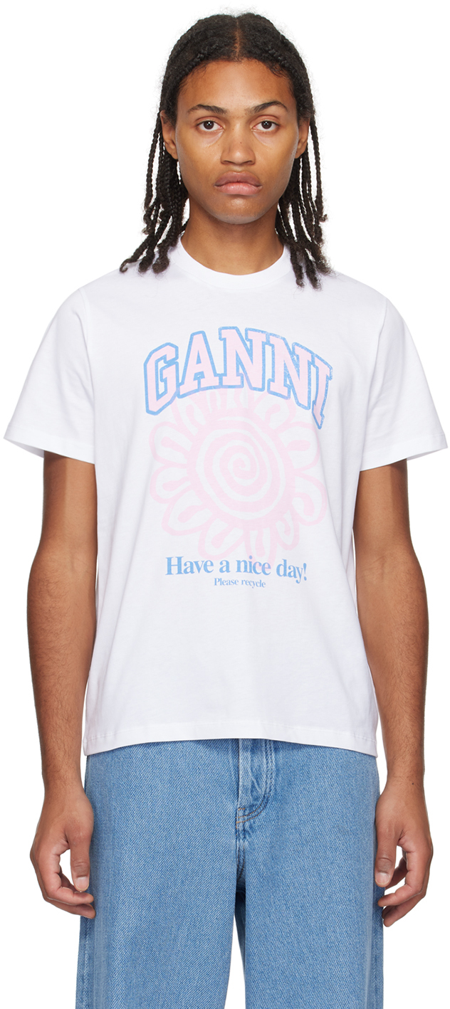 Ganni White Flower T-shirt In Bright White