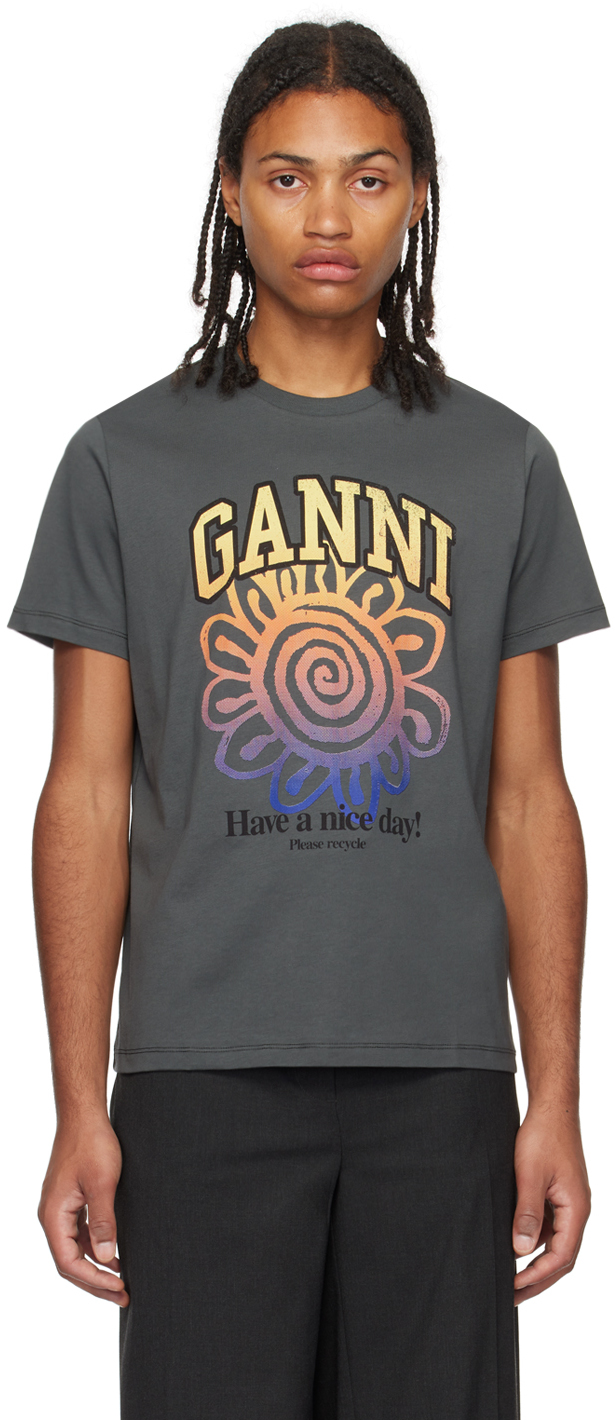Ganni Grey Flower T-shirt In Volcanic Ash