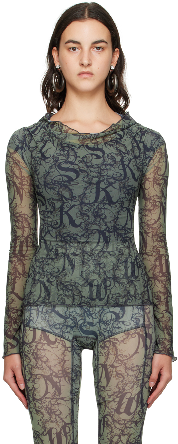 Knwls Green Clavicle Blouse In Gothic Lace