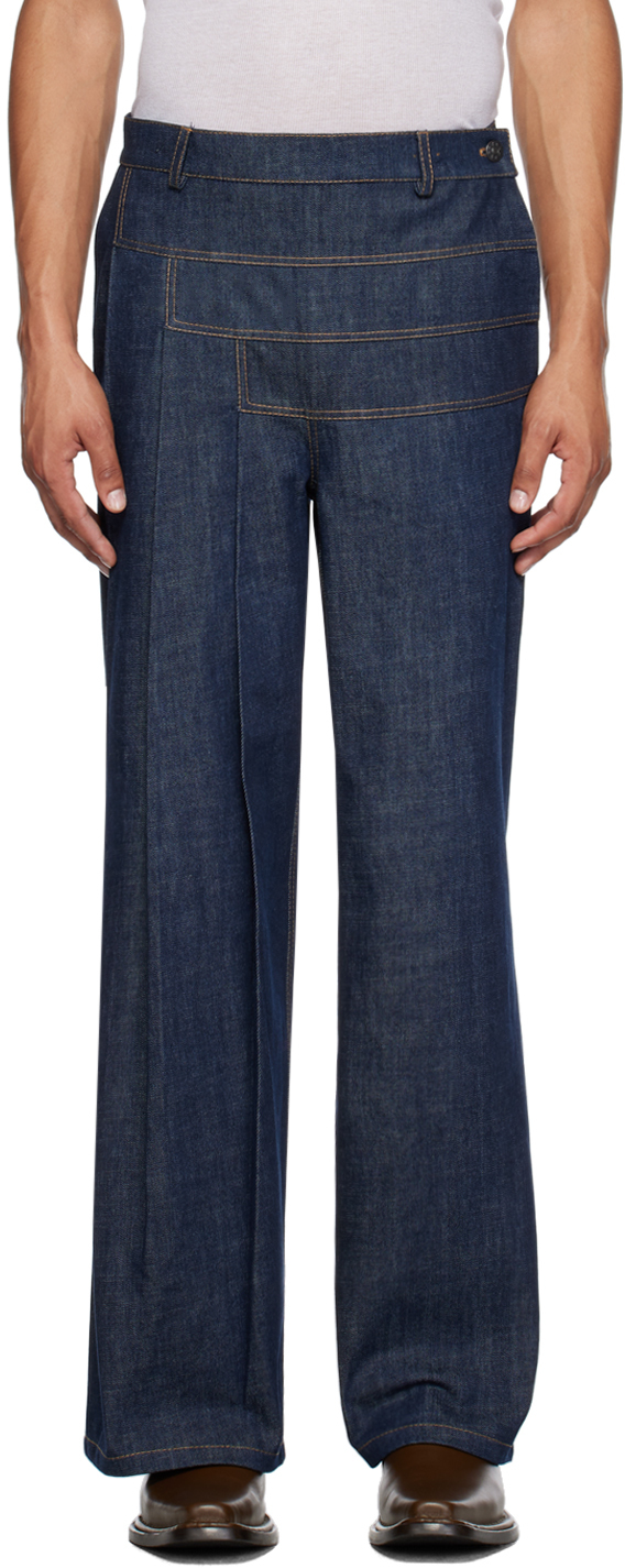 Situationist Blue Pleated Jeans In Dark Blue