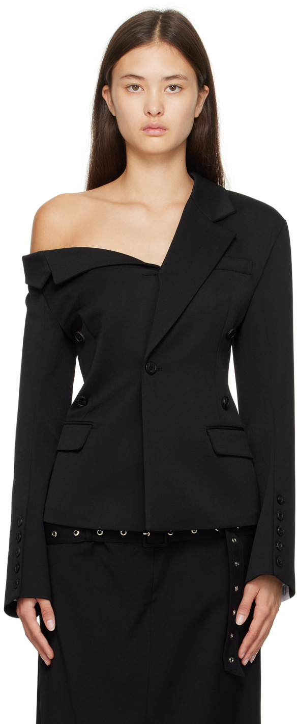 Rokh: Black Asymmetric Collar Blazer | SSENSE Canada