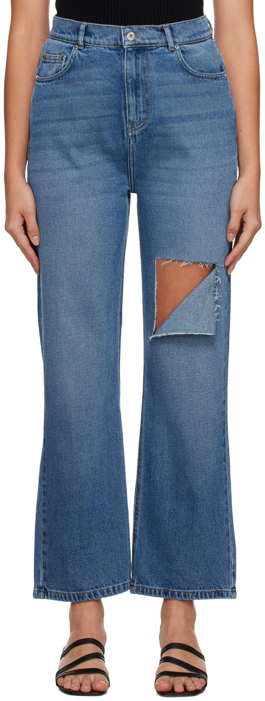 Rokh Blue Distressed Jeans In 42 Deep Blue