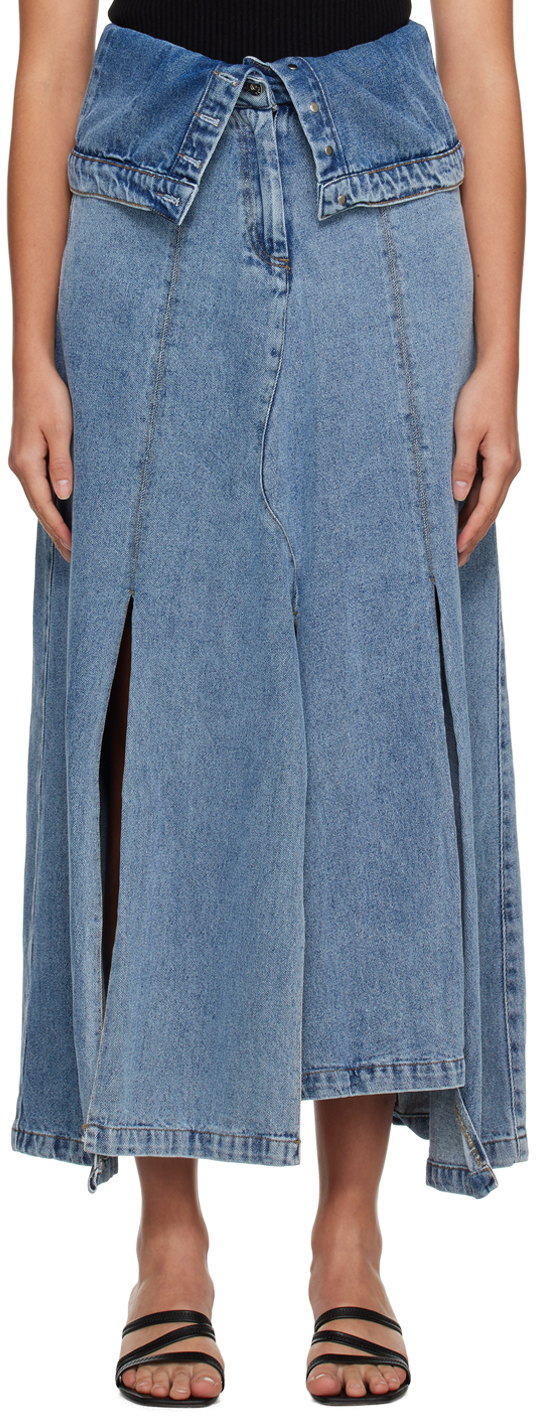 Rokh Blue Asymmetric Denim Midi Skirt