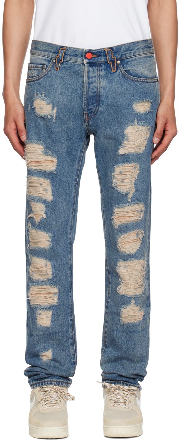 Members Of The Rage Mens Blue Wash Super Distressed Slim-leg Mid-rise Jeans