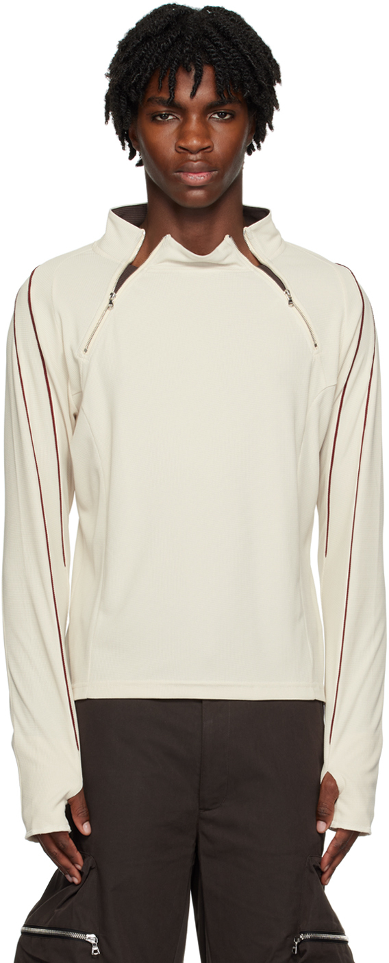 Beige Dual Zip Long Sleeve T-Shirt