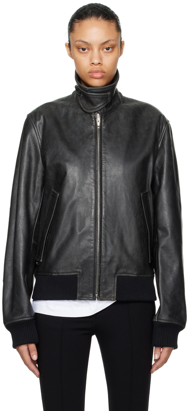Black Faded Leather Bomber Jacket