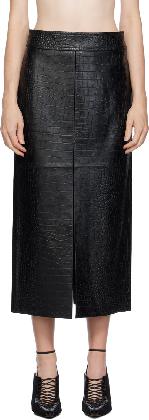 Black Embossed Leather Midi Skirt