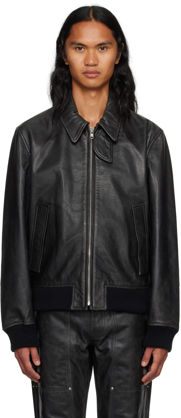 Helmut Lang Black Zip Leather Bomber Jacket