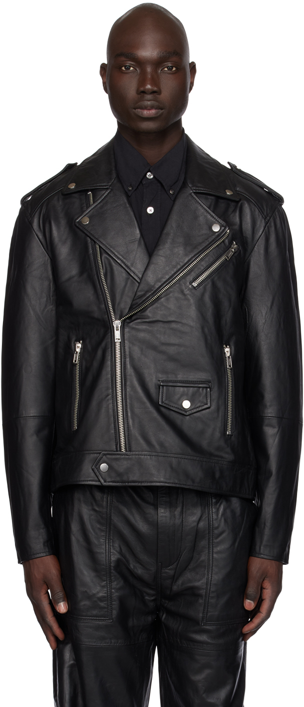 Les Hommes Leather Puffer Jacket in Black for Men