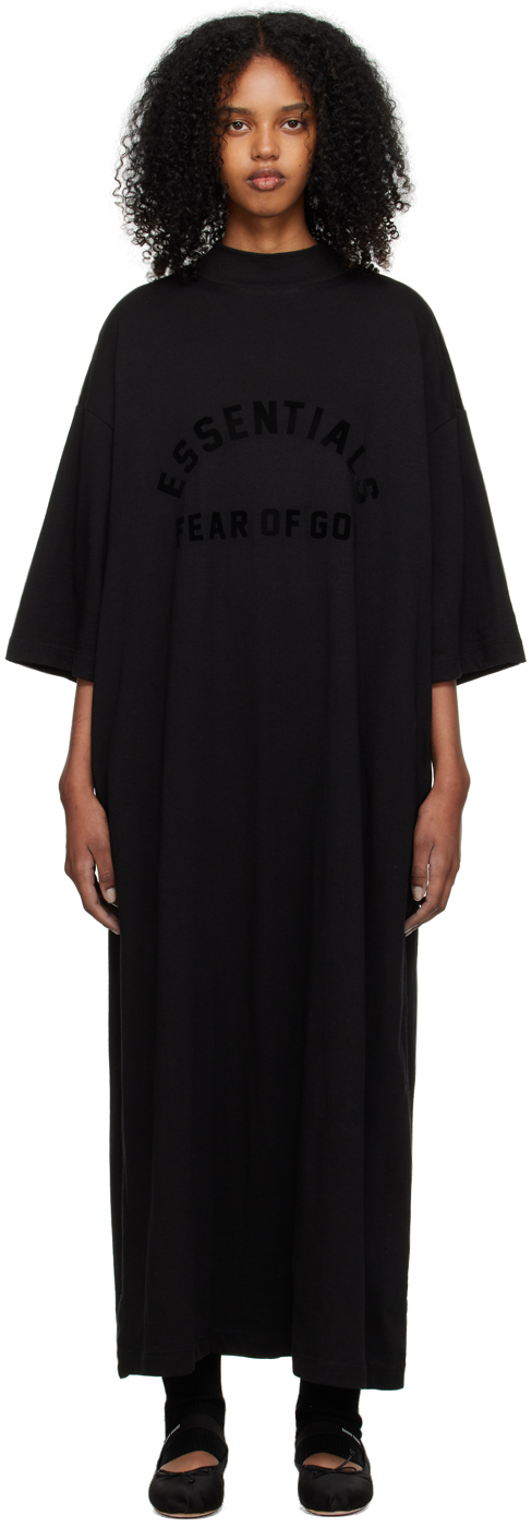 Shop Essentials Black 3/4 Sleeve Midi Dress In Jet Black