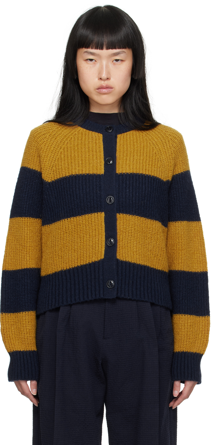 Ymc You Must Create Stripe-pattern Round-neck Cardigan In 40-navy-yellow