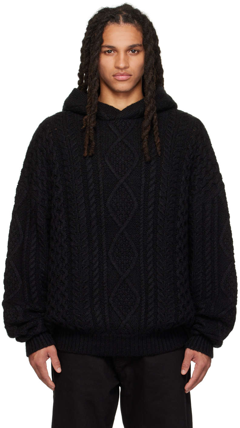 Essentials Logo-apliquéd Cable-knit Cotton-blend Hoodie In Black