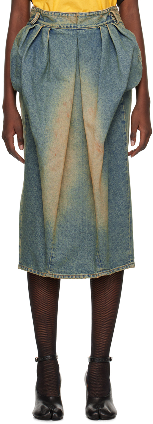 Shop Maison Margiela Blue Pleated Denim Midi Skirt In 975 Dirty Wash