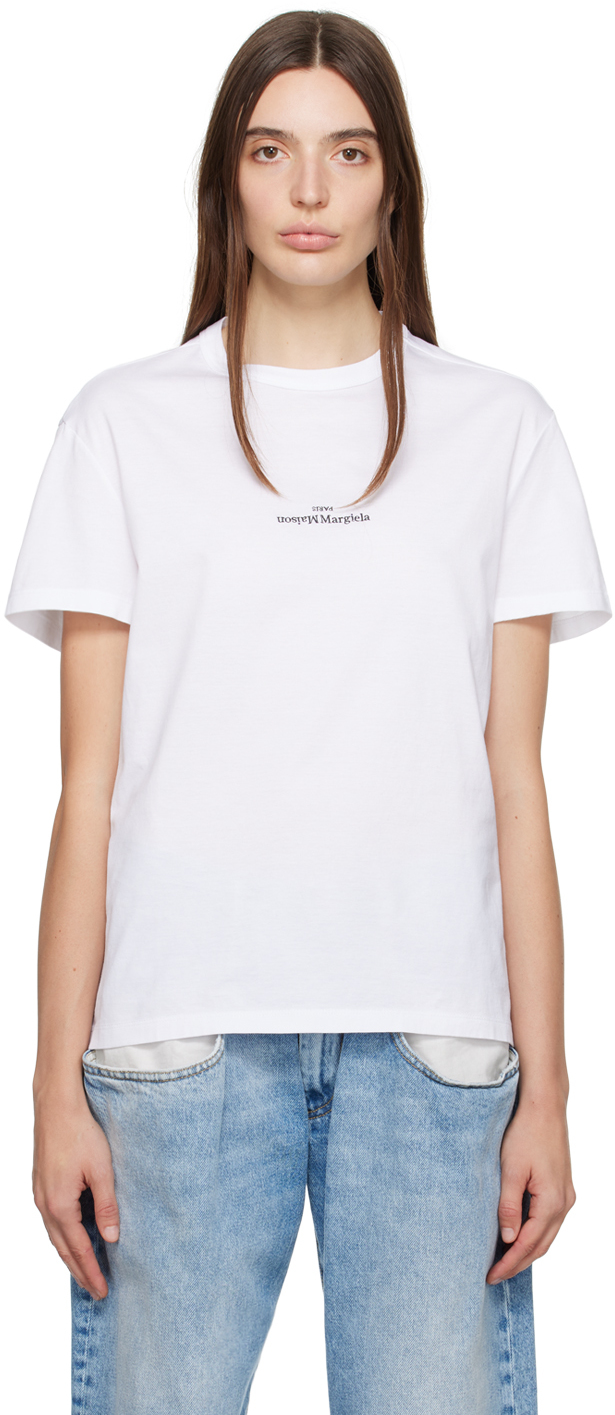 Maison Margiela White Embroidered T-shirt In 994 White/ Black Emb