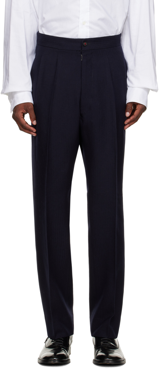 Maison Margiela Navy Pleated Trousers In 524 Navy