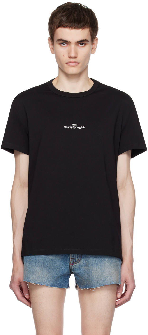 Maison Margiela: ブラック ロゴ刺繍 Tシャツ | SSENSE 日本