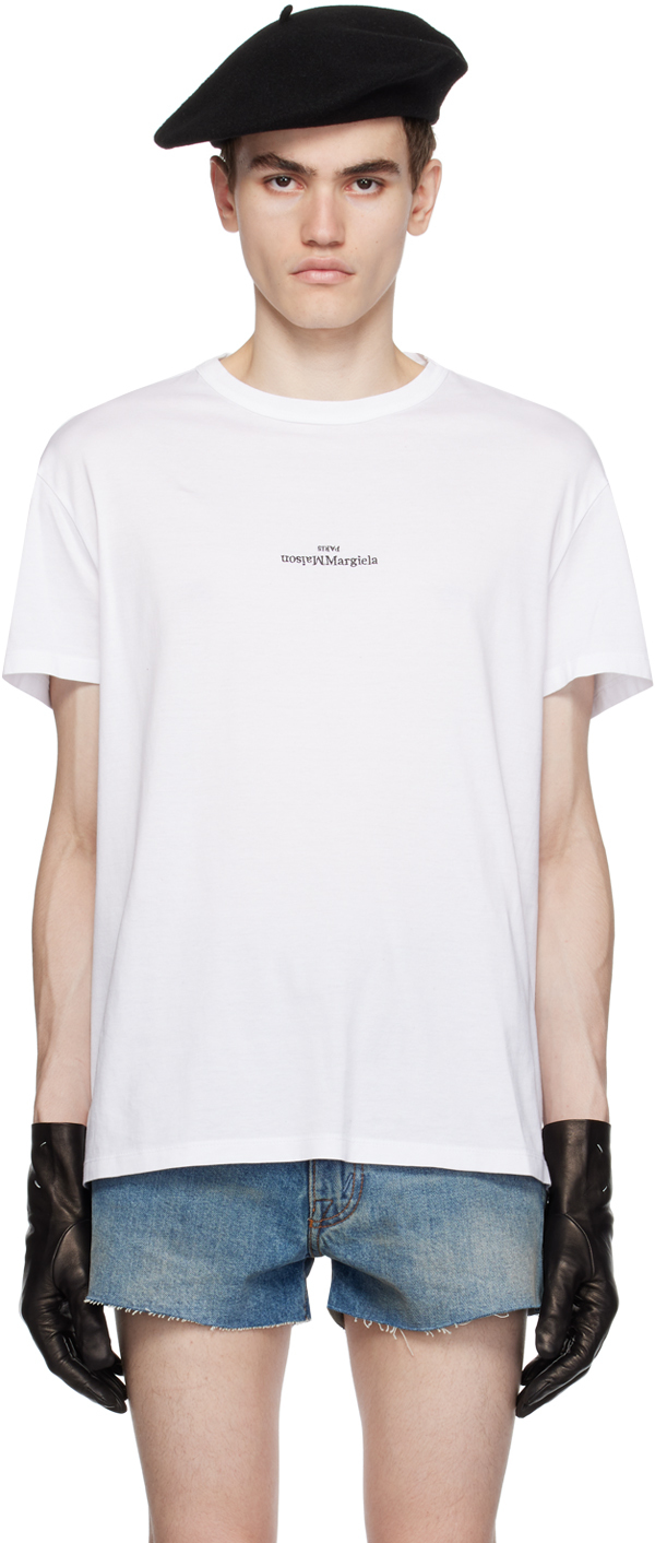 Maison Margiela: White Embroidered T-Shirt | SSENSE