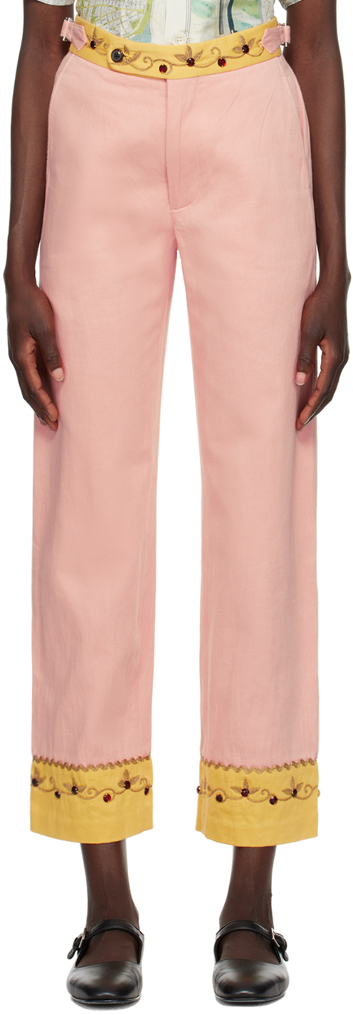 Bode Pink Jeweled Ivy Trousers In Pink Yellow