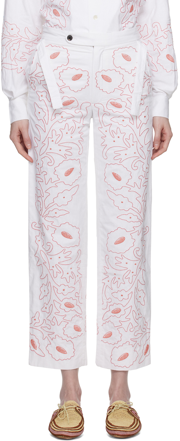 Shop Bode White Embroidered Trousers In Red White
