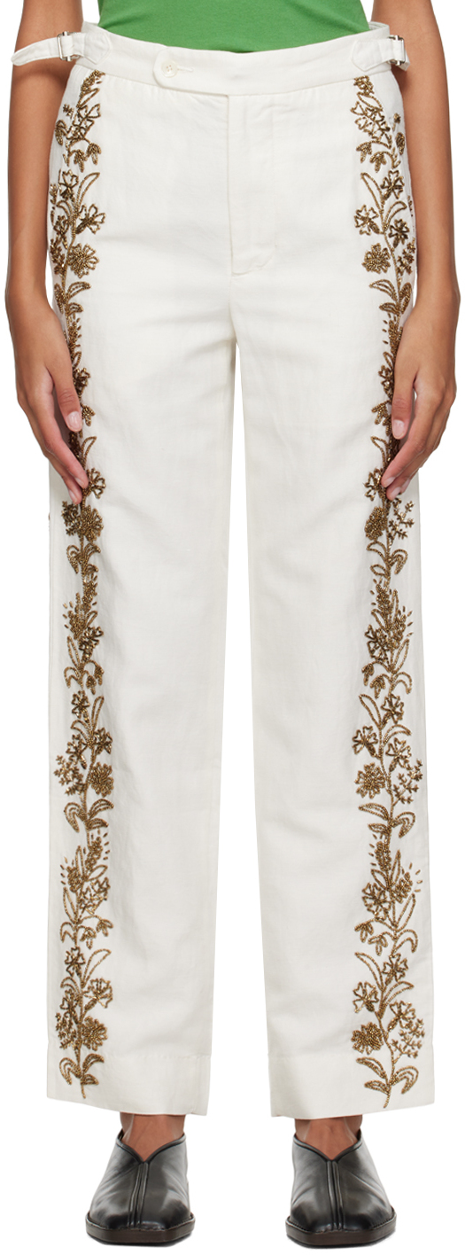 BODE OFF-WHITE BEADED WHEAT FLOWER TROUSERS