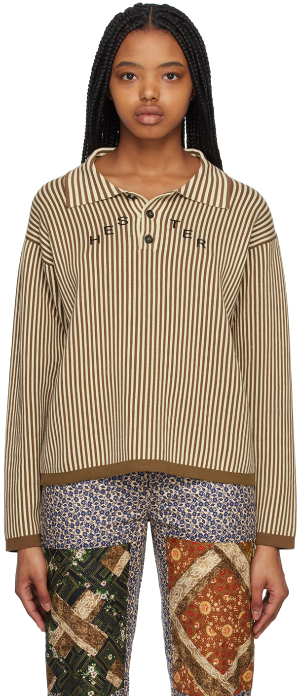 Bode Brown & Off-white Hester Street Polo In Brown Cream