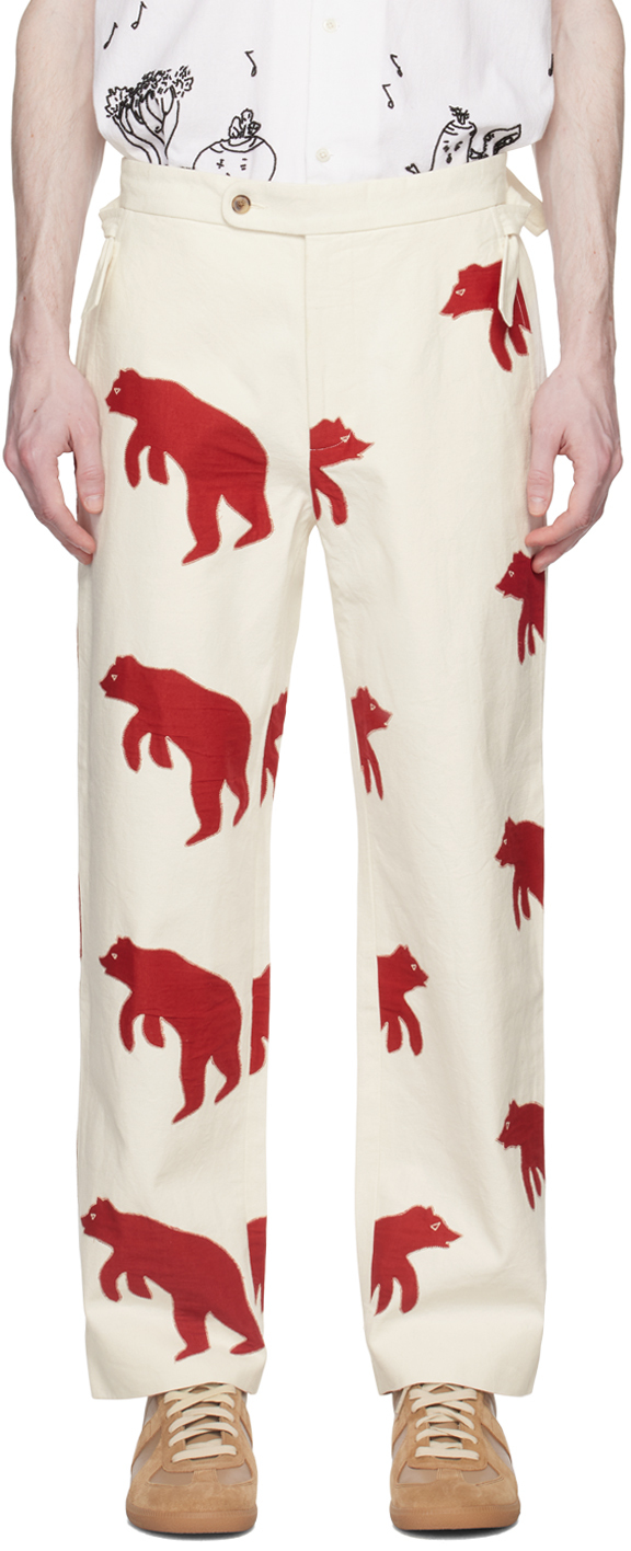 Shop Bode White Bear Appliqué Trousers In Rdwht Red White