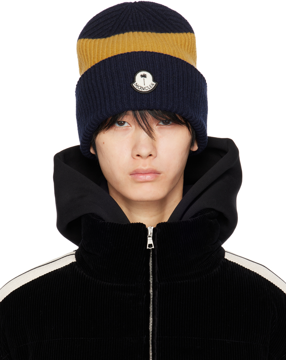 Moncler Genius Moncler X Palm Angels Navy & Yellow Beanie In Navy Yellow Stripe