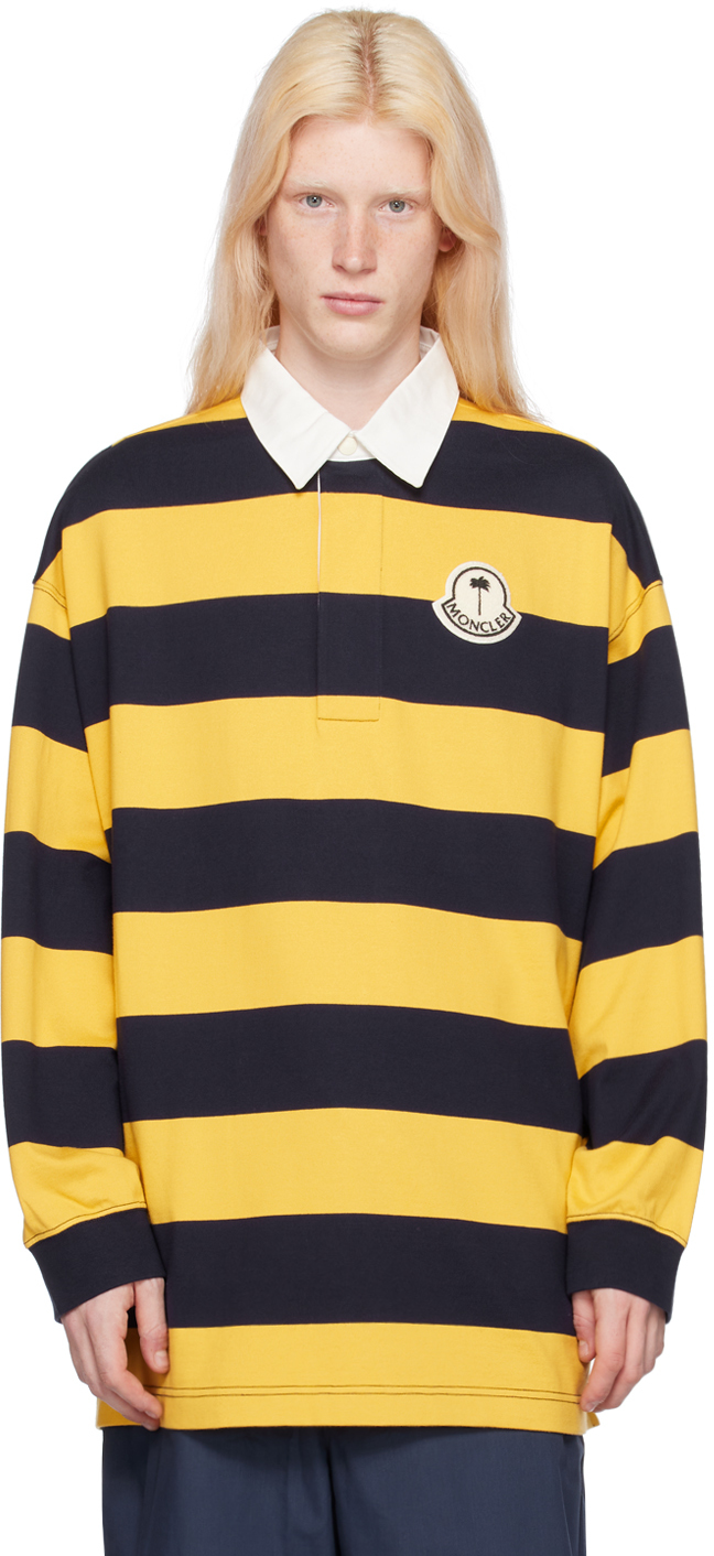 Moncler x Palm Angels Yellow & Navy Striped Long Sleeve Polo