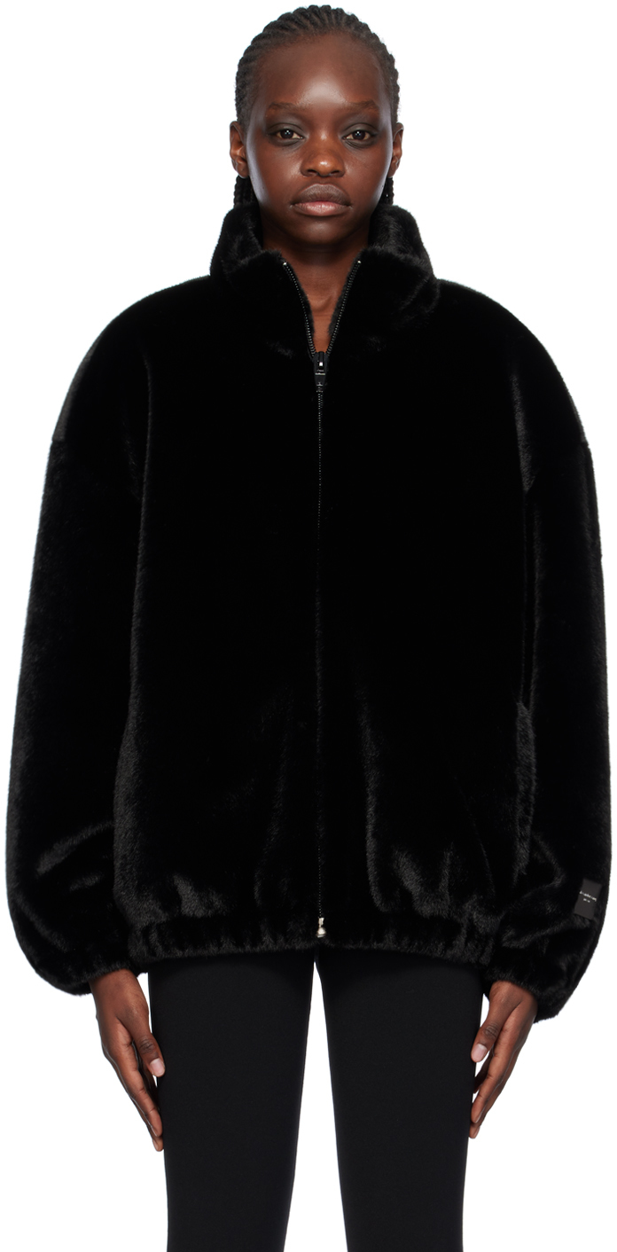 Alexander Wang Black Logo Plaque Faux-fur Track Jacket In 001 Black