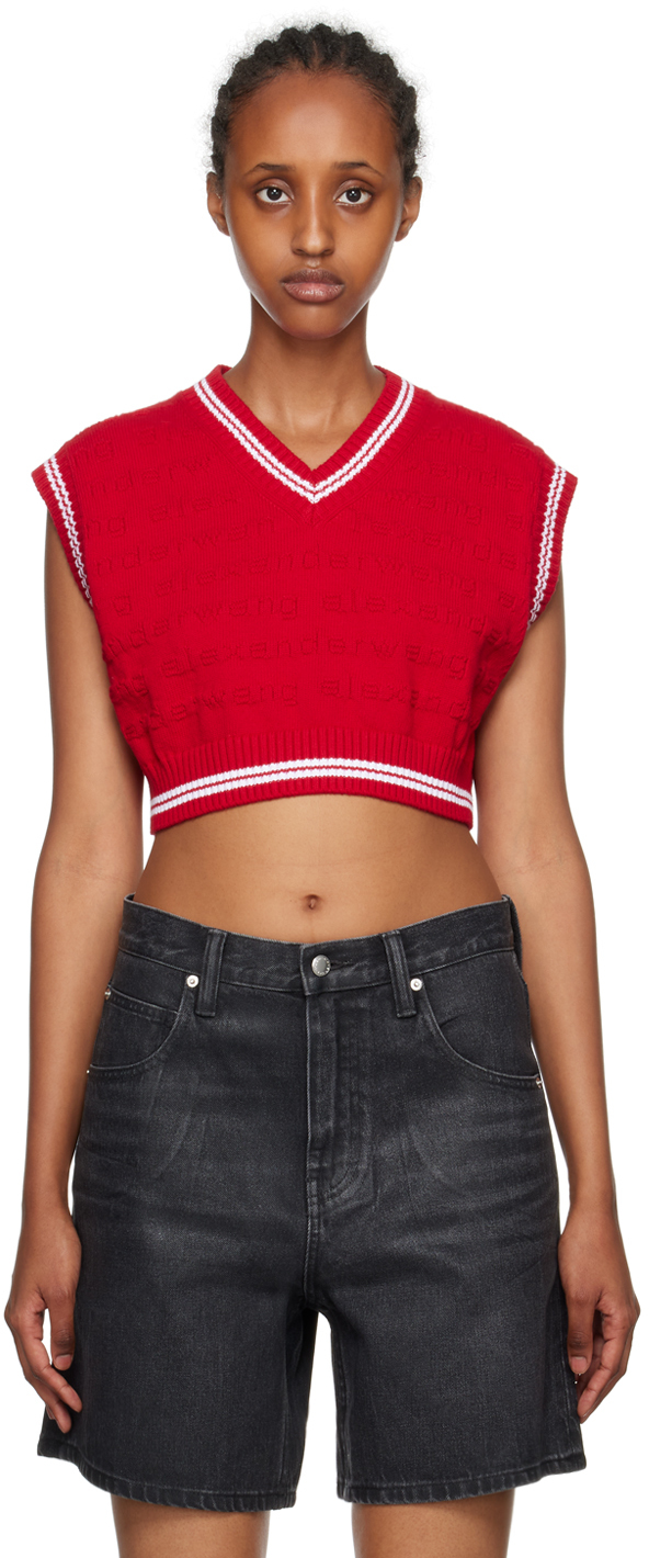 Alexander Wang Cropped V-neck Vest In Compact Cotton In Red