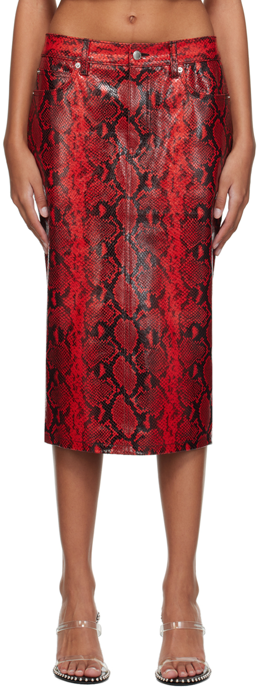 Red Snake-Embossed Leather Midi Skirt