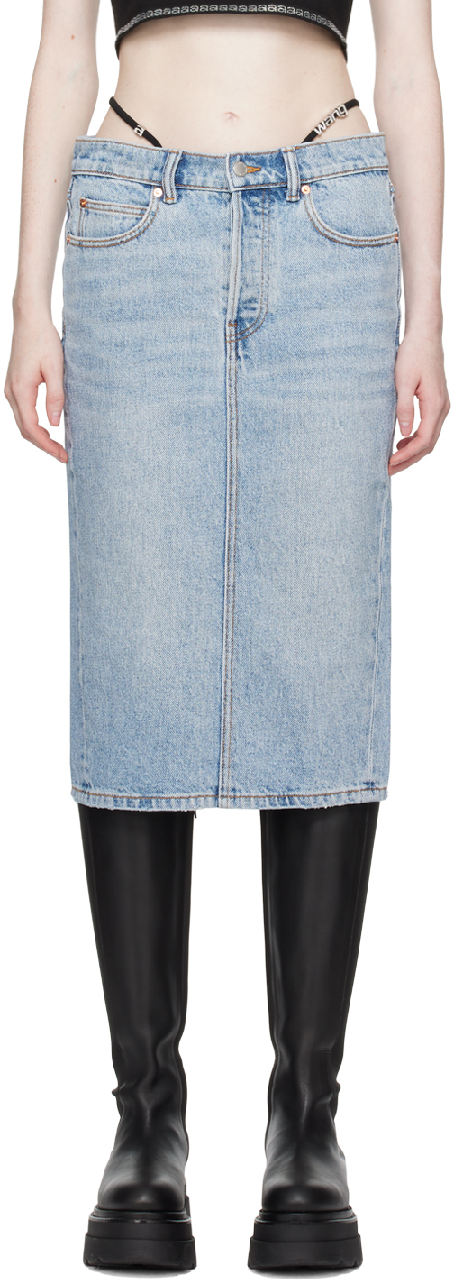 Alexander Wang Blue Diamanté Denim Midi Skirt In 471a Vintage Indigo